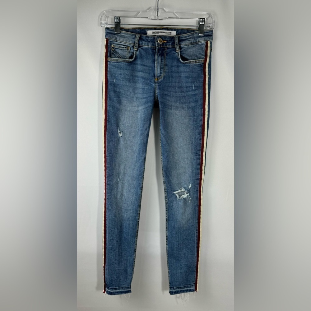Zara Trafaluc Denim Collection Skinny Jeans, Size 6, White/Red Stripe